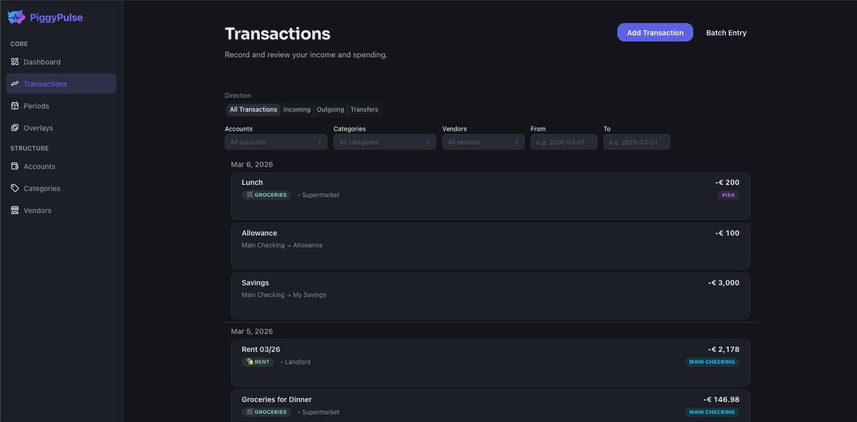 PiggyPulse Transactions — daily spending log with categories, vendors, and account tags