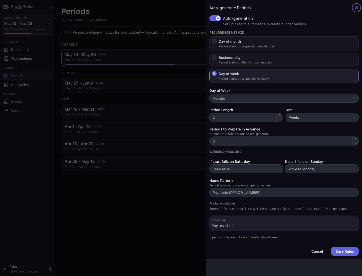 PiggyPulse product preview for this budgeting workflow
