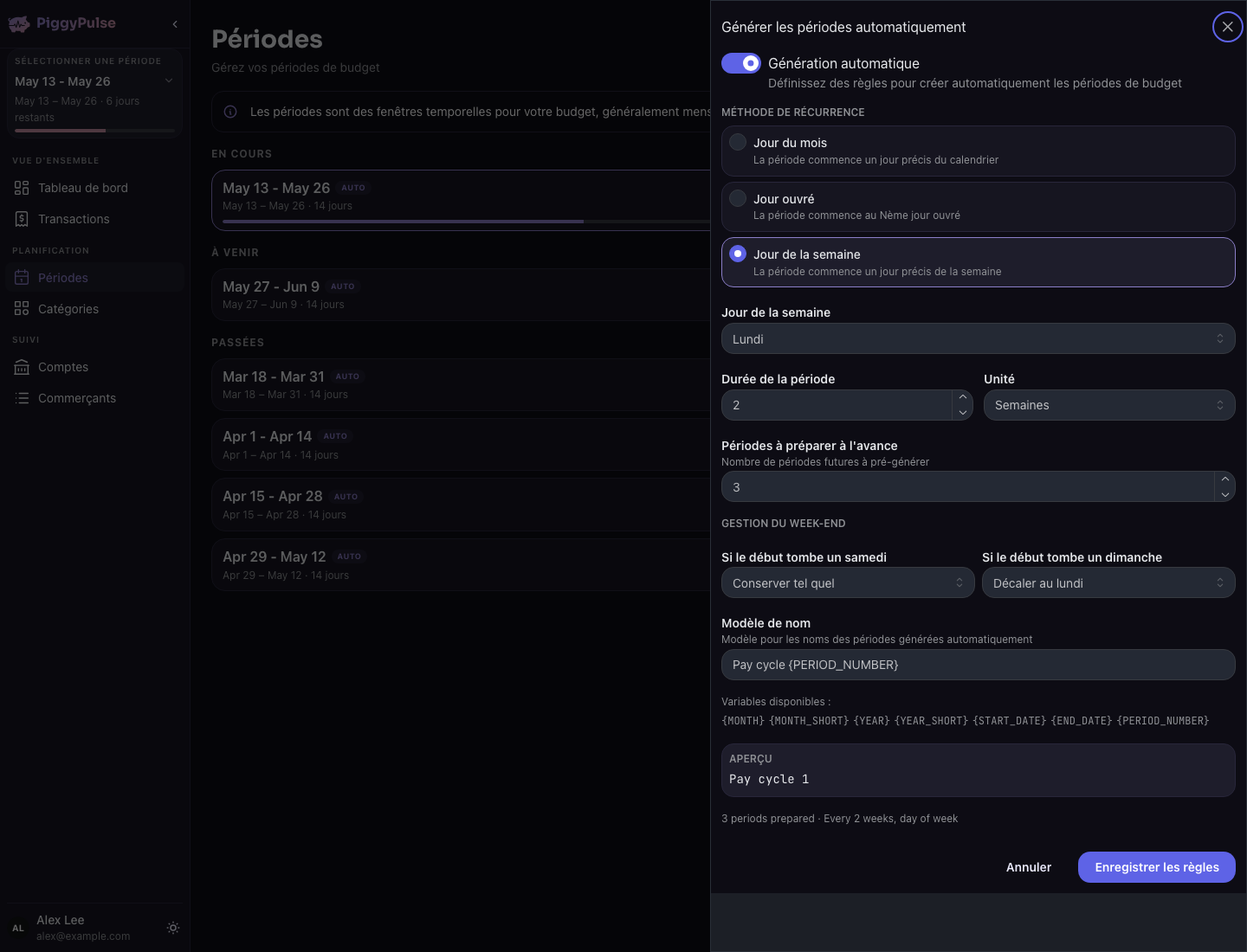 Aperçu de PiggyPulse pour ce flux de budget