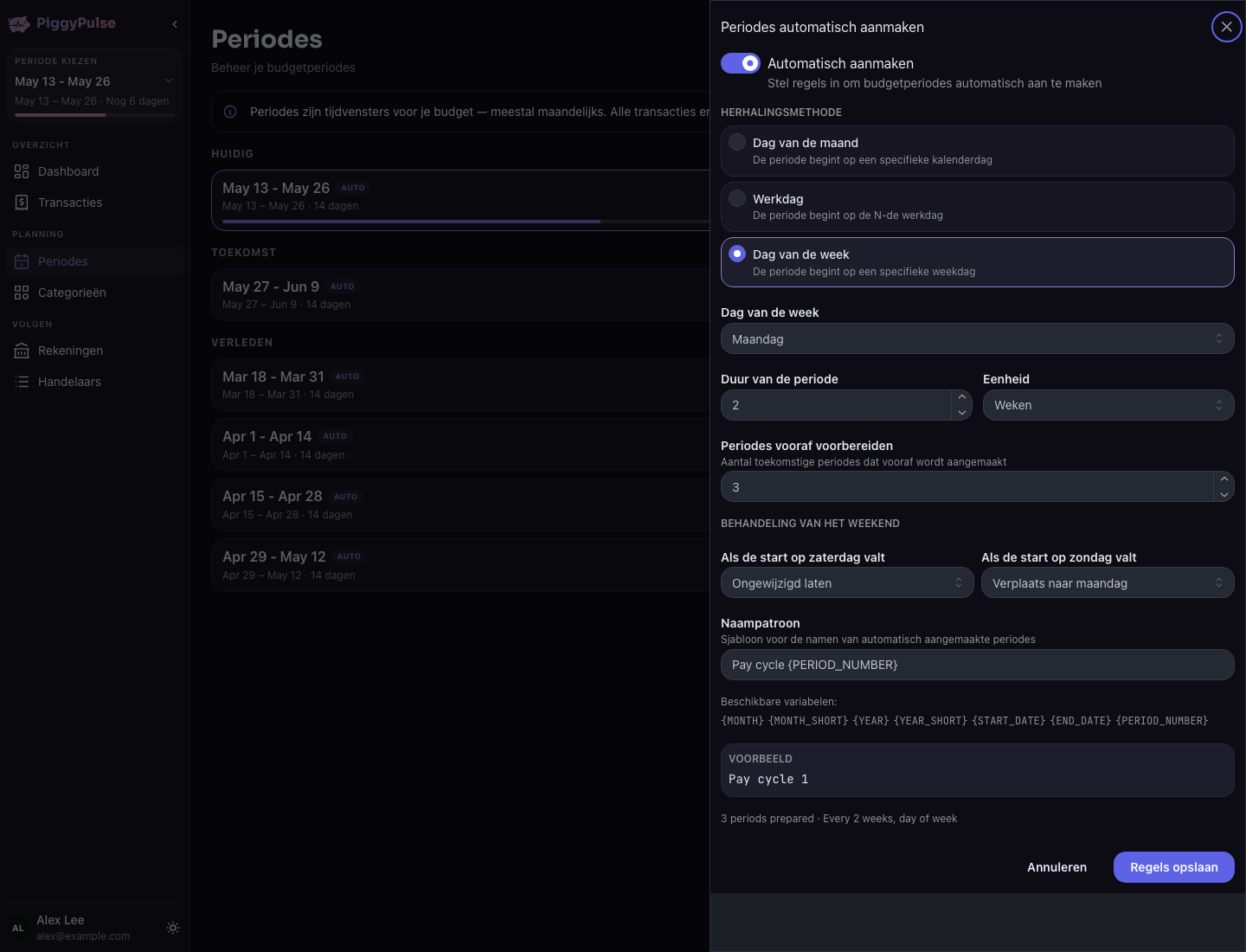 Voorbeeld van PiggyPulse voor deze budgetworkflow